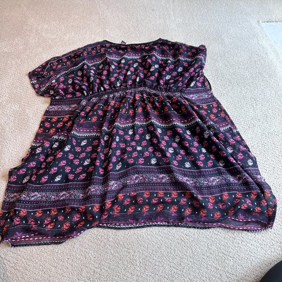 Boho Mini Dress V-Neck Gathered Smocked Waist Floral Speed Control NY Plus 2X - Picture 10 of 12